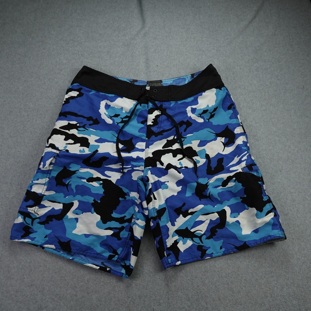 Pelagic Board Shorts Mens 36 Camo Blue White Black Swim Trunks Fishing